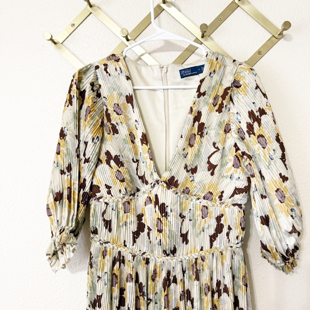 NEW Polo Ralph Lauren Plisse Crinkle Silk Braided Floral Ltiti Puff Sleeve Dress - Picture 13 of 14